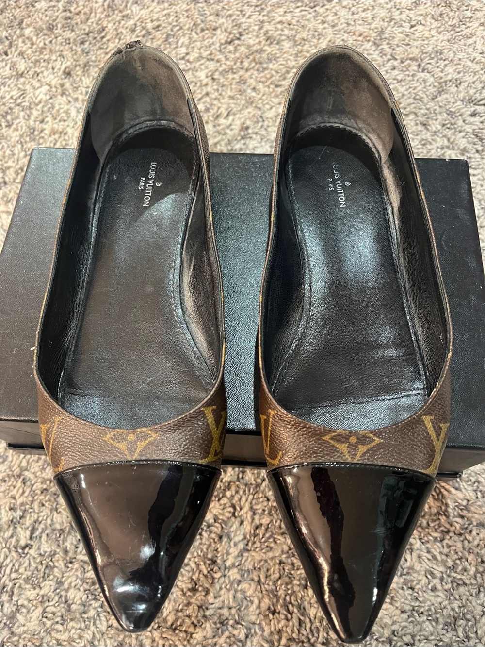 Louis Vuitton Monogram & Black Patent Pointed Toe Flats